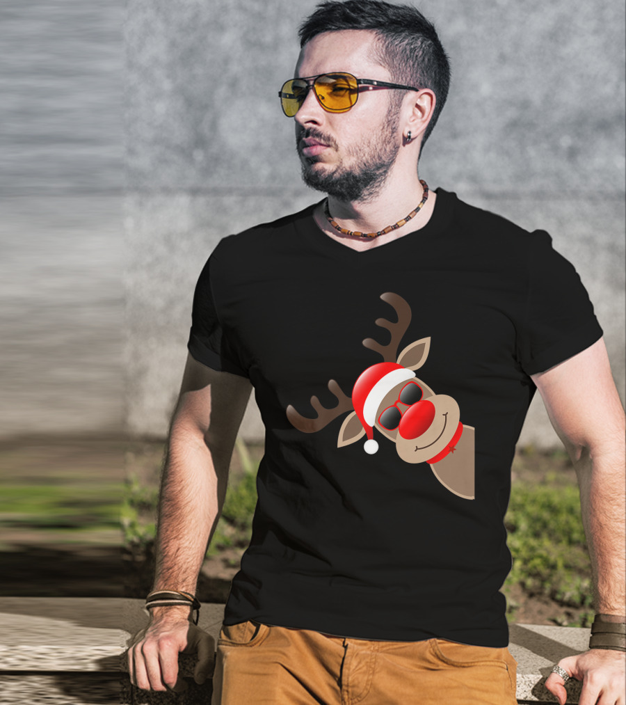 Rudolph Red Nose Reindeer Santa Hat Sunglasses T-Shirt