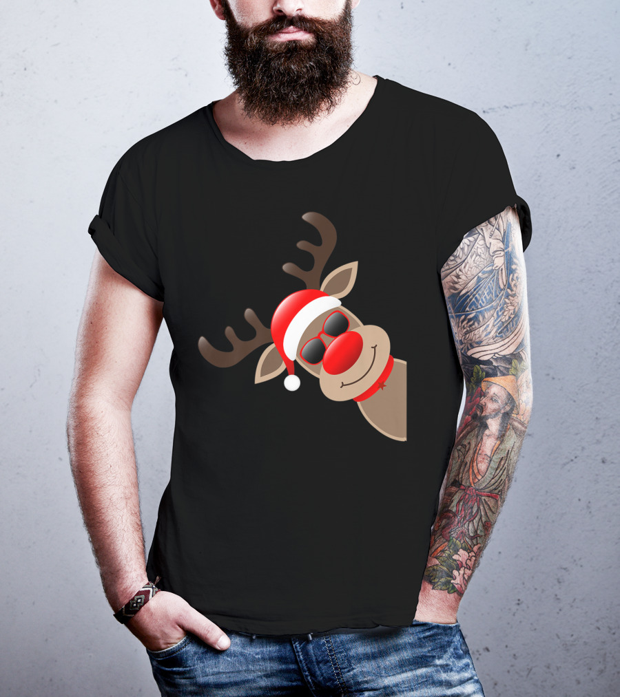 Rudolph Red Nose Reindeer Santa Hat Sunglasses T-Shirt