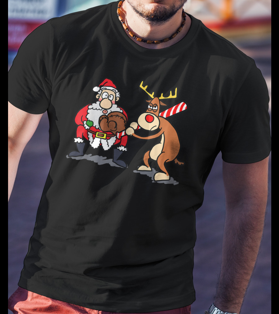 Santa Reindeer Candy Cane Baseball Softball Player Christmas T-Shirt