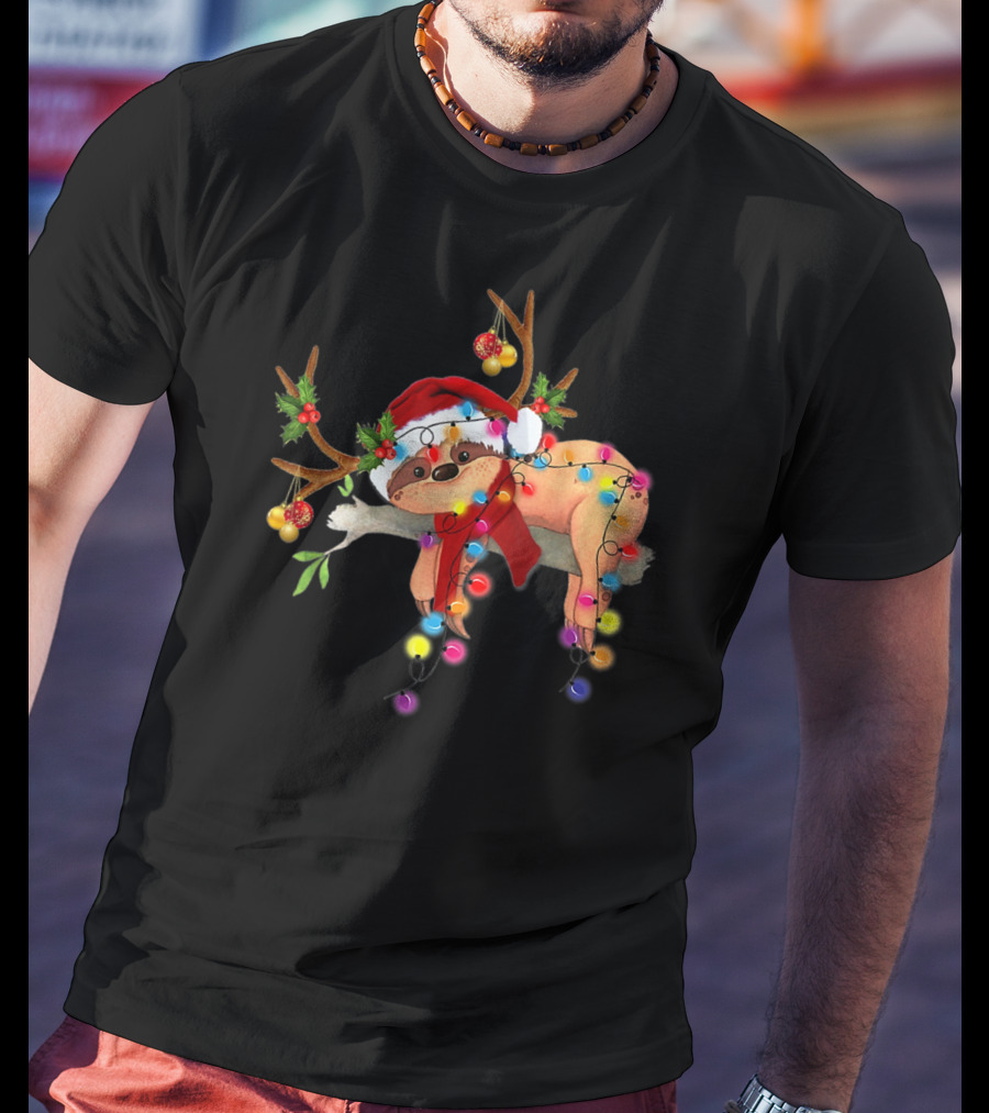 Santa Sloth Reindeer With Christmas Lights And Hat T-Shirt