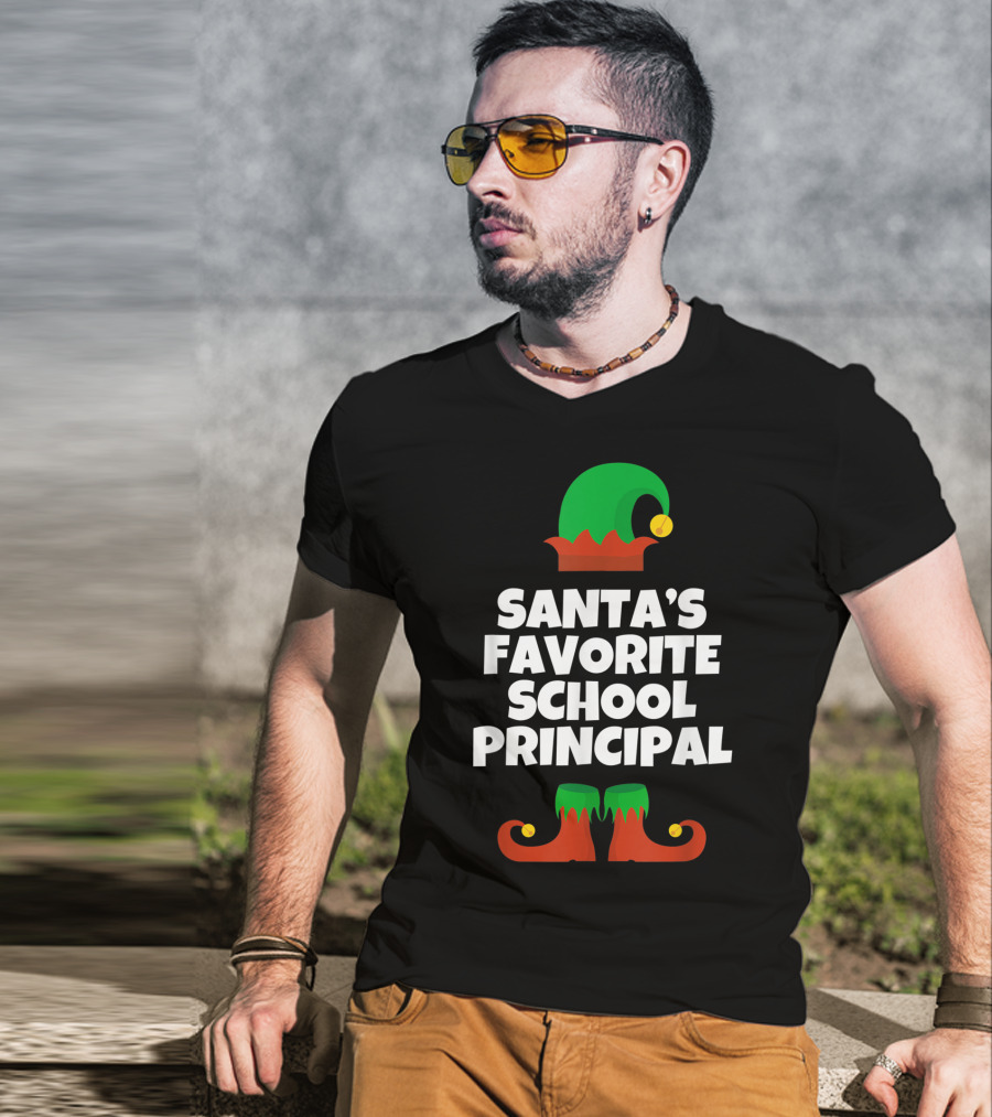 Santa's Favorite School Principal Elf Hat And Shoes T-Shirt