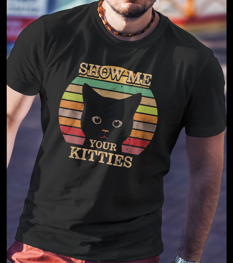 Show Me Your Kitties Retro Cat Lover Rainbow Stripes T-Shirt