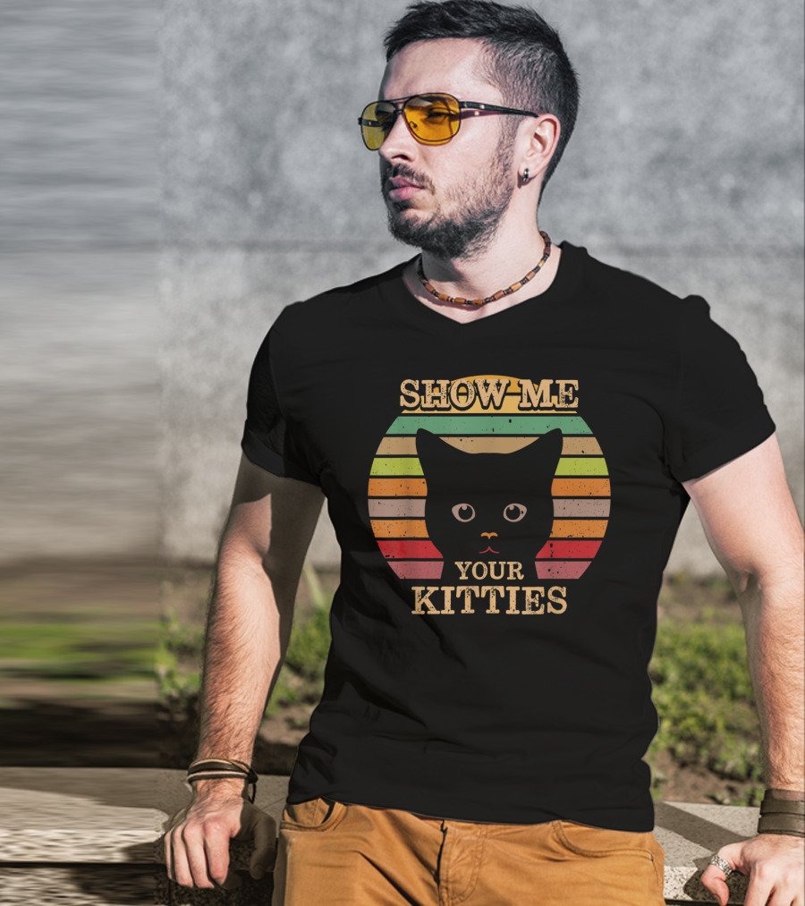 Show Me Your Kitties Retro Cat Lover Rainbow Stripes T-Shirt