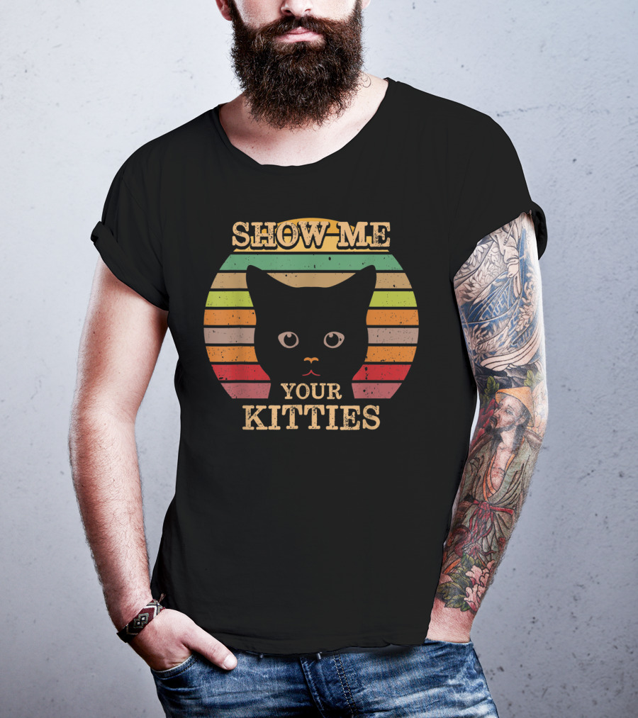 Show Me Your Kitties Retro Cat Lover Rainbow Stripes T-Shirt