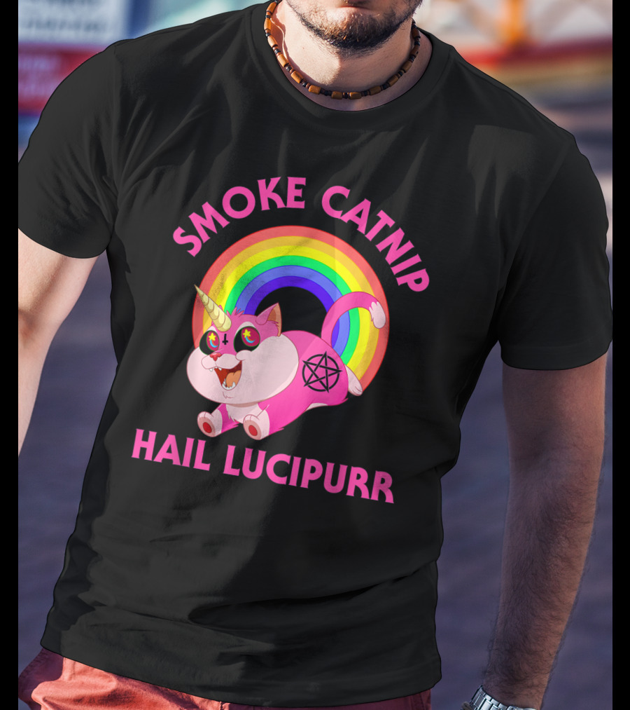 Smoke Catnip Hail Lucipurr Rainbow Unicorn Satanic Cat T-Shirt