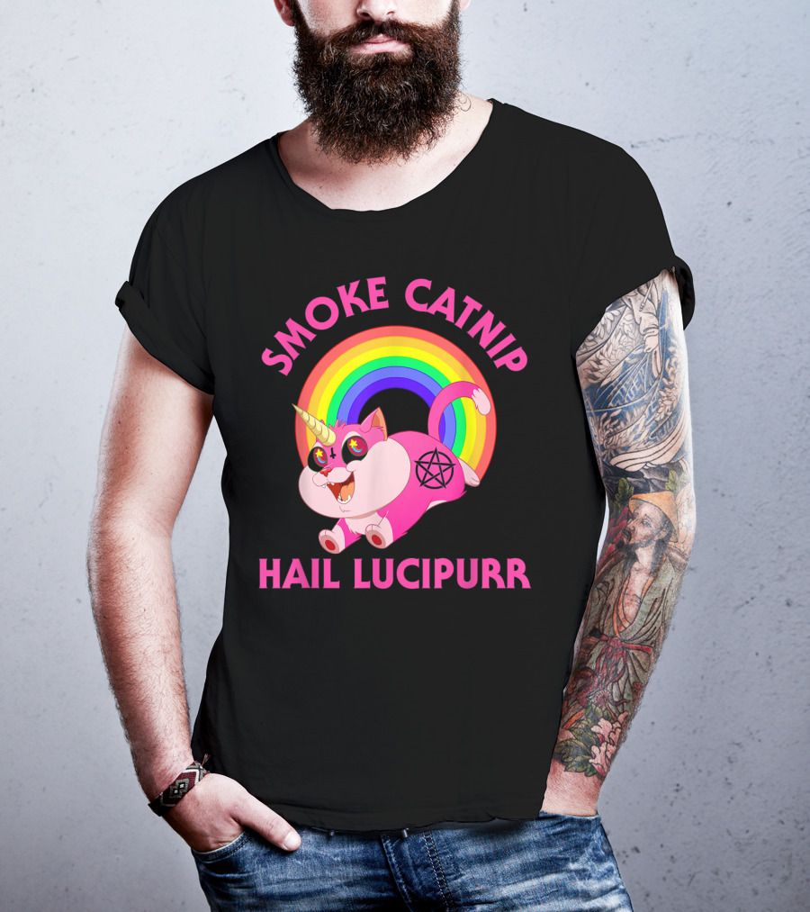 Smoke Catnip Hail Lucipurr Rainbow Unicorn Satanic Cat T-Shirt