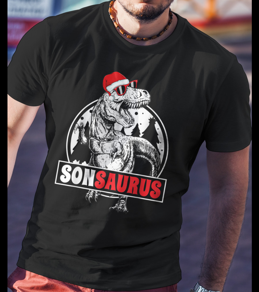 Sonsaurus Christmas Rex T-Rex Dinosaur Holiday Santa Hat T-Shirt