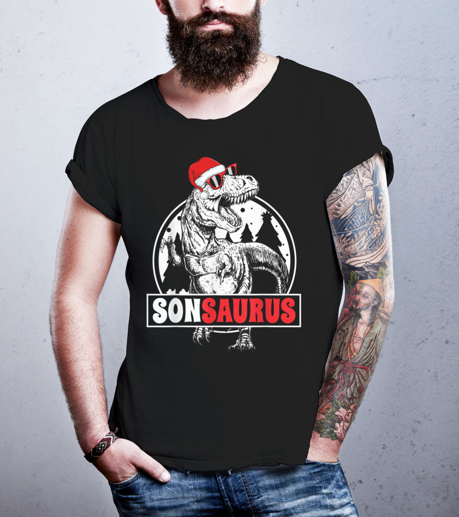 Sonsaurus Christmas Rex T-Rex Dinosaur Holiday Santa Hat T-Shirt