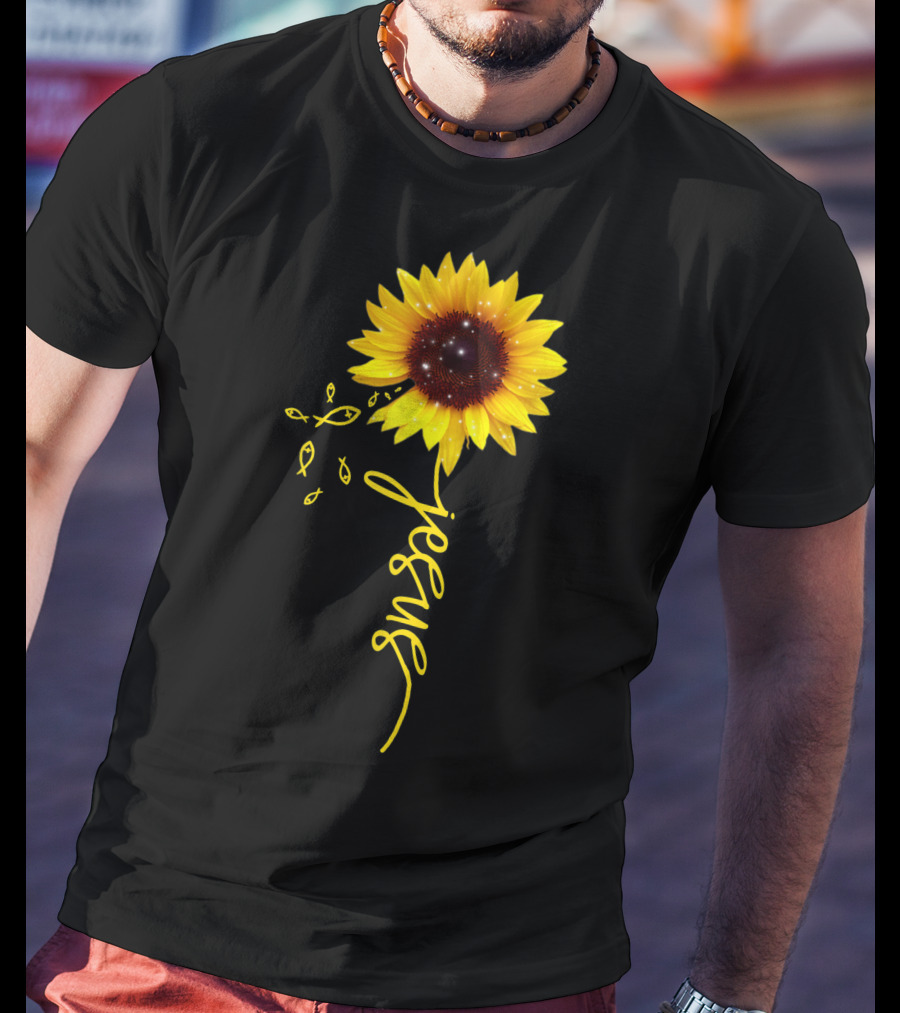 Sunflower Jesus Christian Faith Cross With Ichthys Symbols T-Shirt