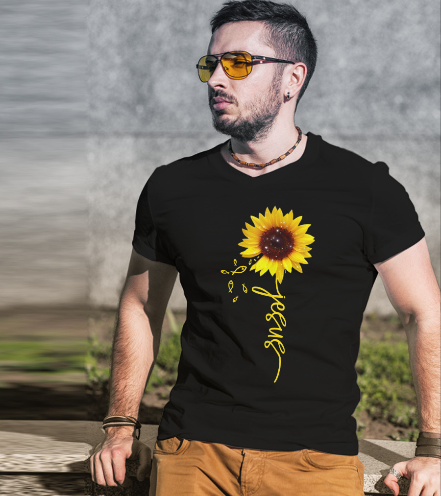 Sunflower Jesus Christian Faith Cross With Ichthys Symbols T-Shirt