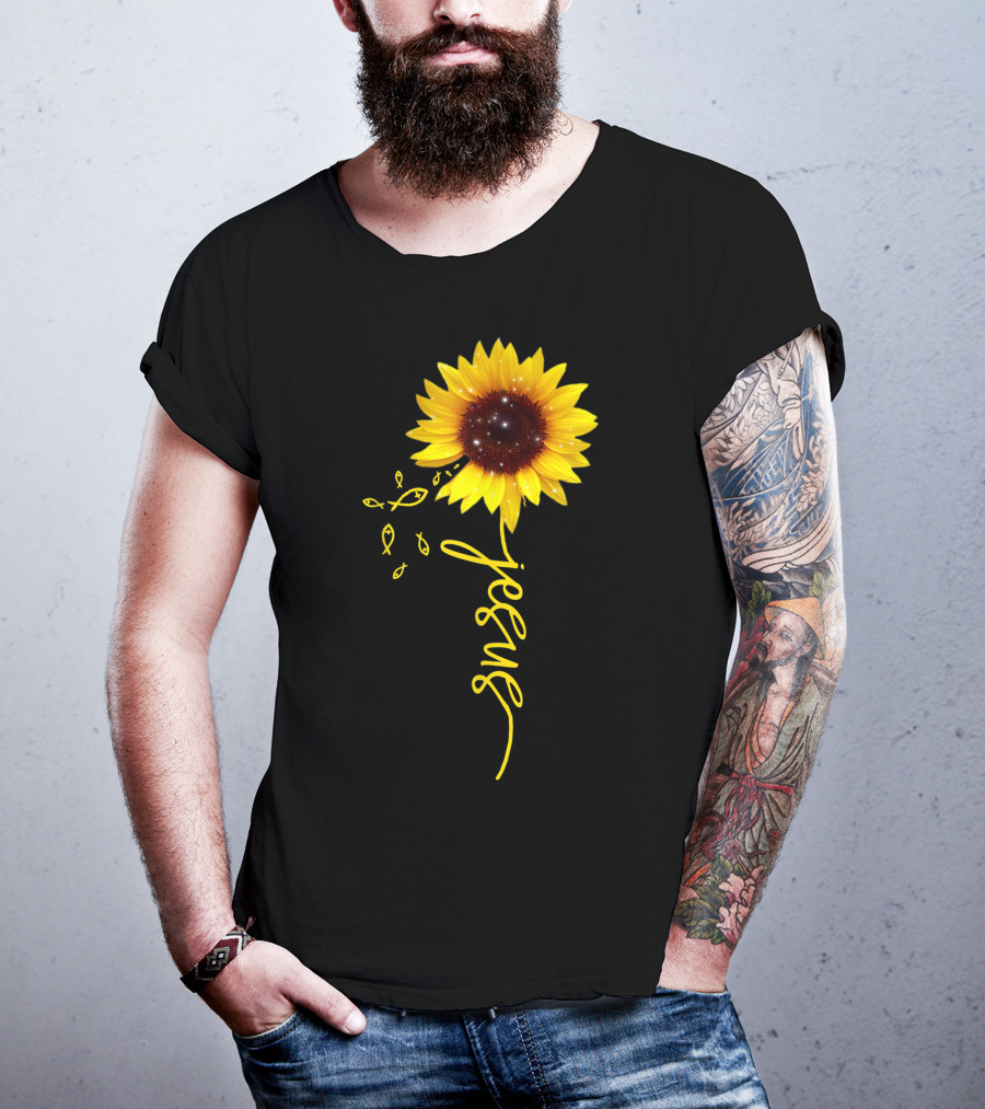 Sunflower Jesus Christian Faith Cross With Ichthys Symbols T-Shirt