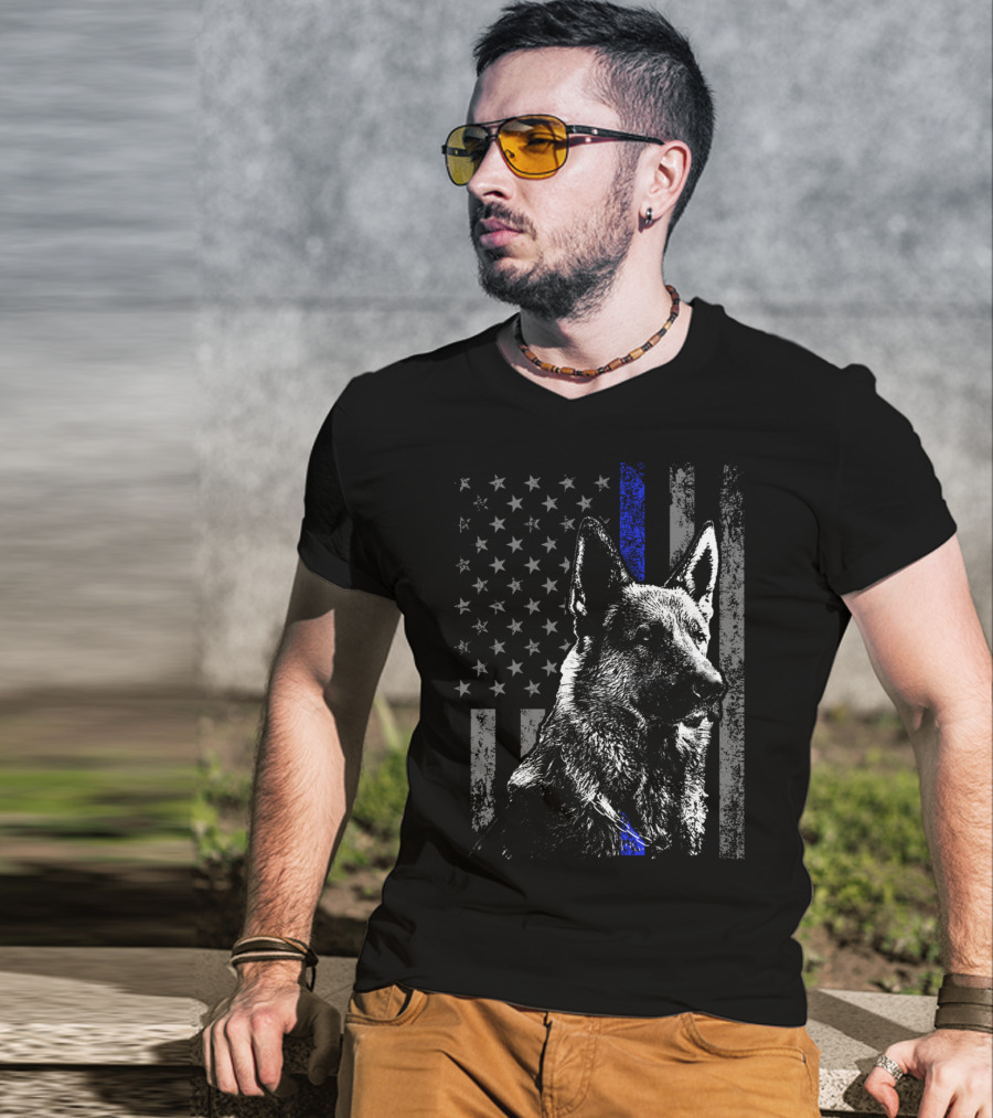 Thin Blue Line American Flag German Shepherd Police Dog T-Shirt