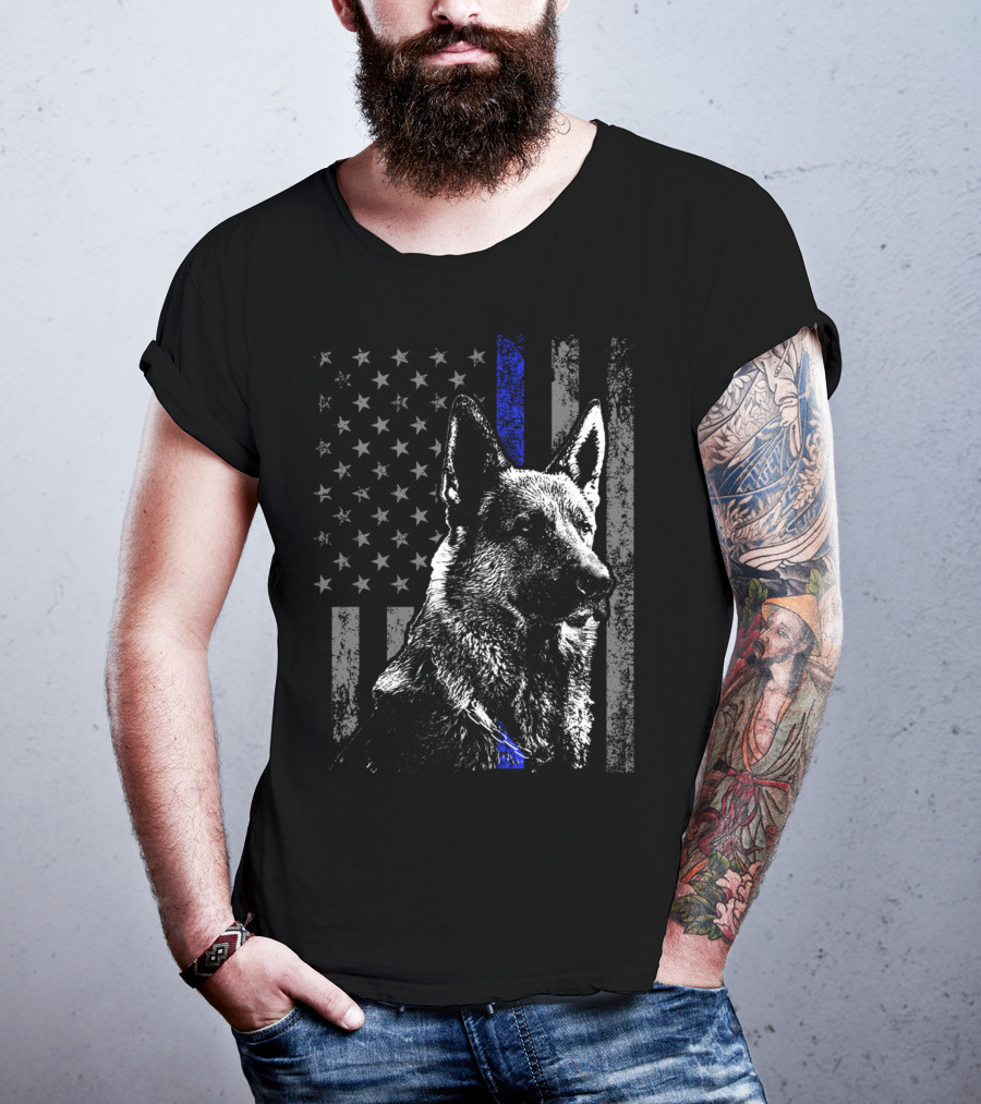 Thin Blue Line American Flag German Shepherd Police Dog T-Shirt