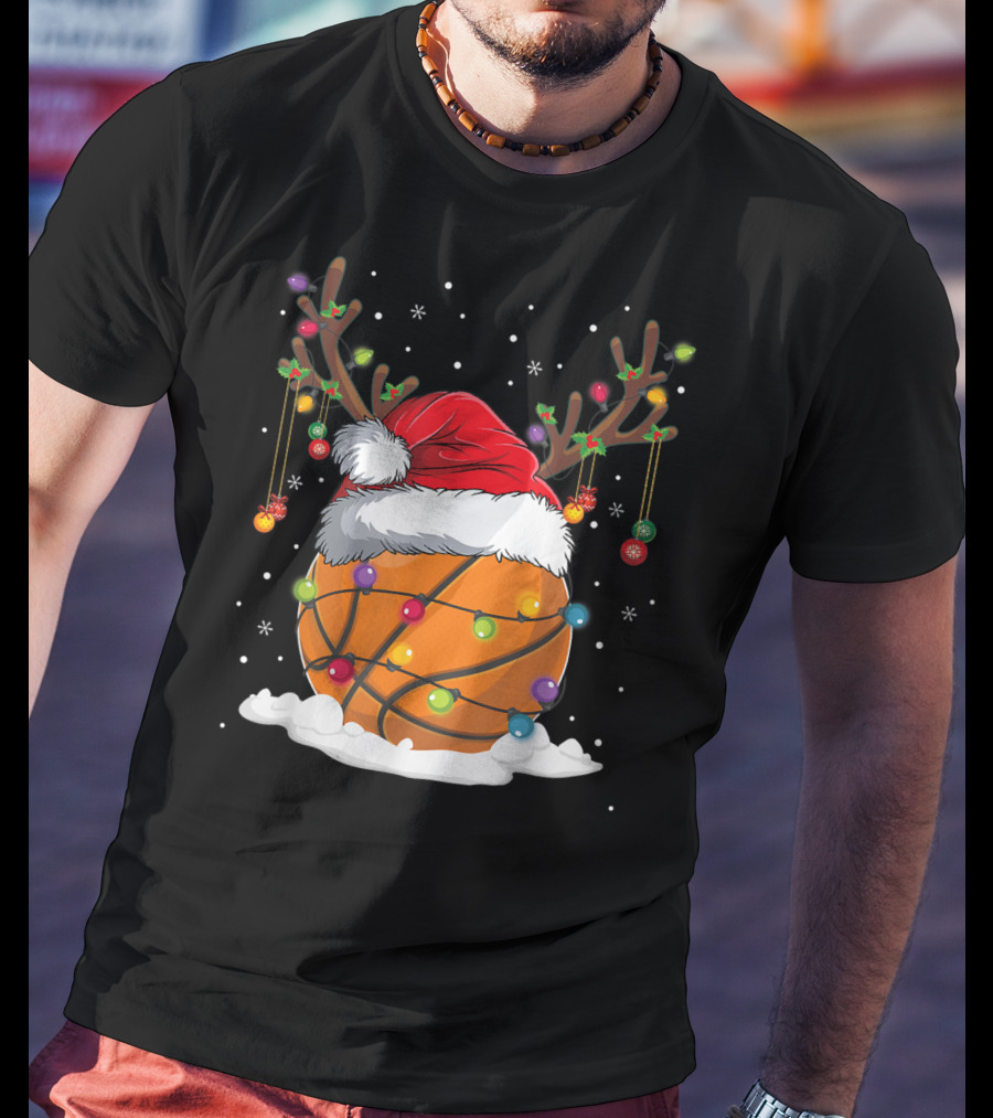 This Is My Christmas Basketball Player Santa Hat Reindeer Antlers Lights T-Shirt