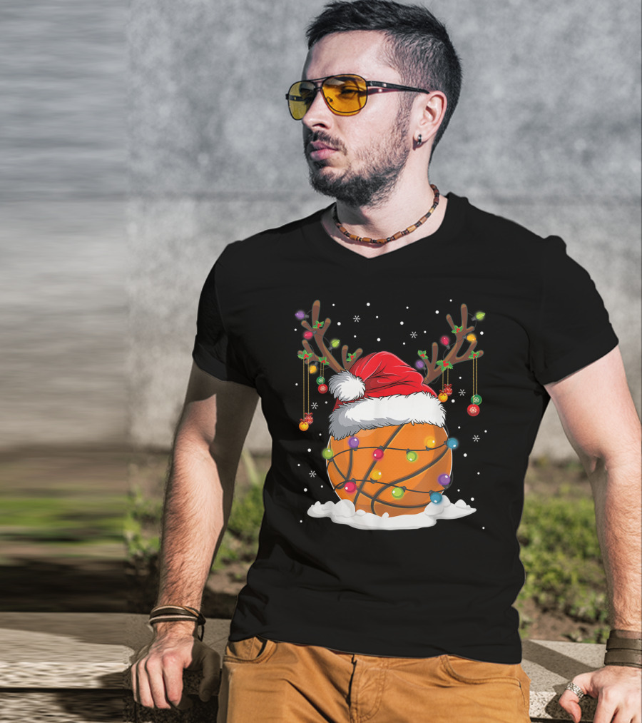 This Is My Christmas Basketball Player Santa Hat Reindeer Antlers Lights T-Shirt
