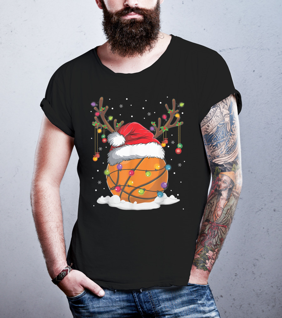 This Is My Christmas Basketball Player Santa Hat Reindeer Antlers Lights T-Shirt