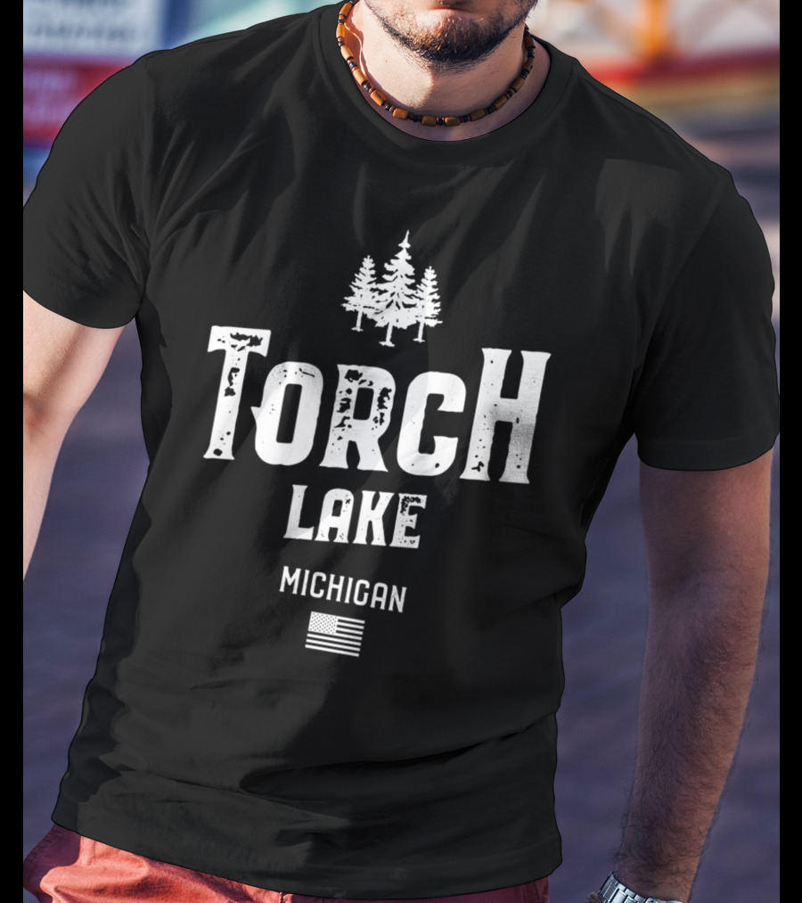 Torch Lake Michigan Trees And American Flag T-Shirt