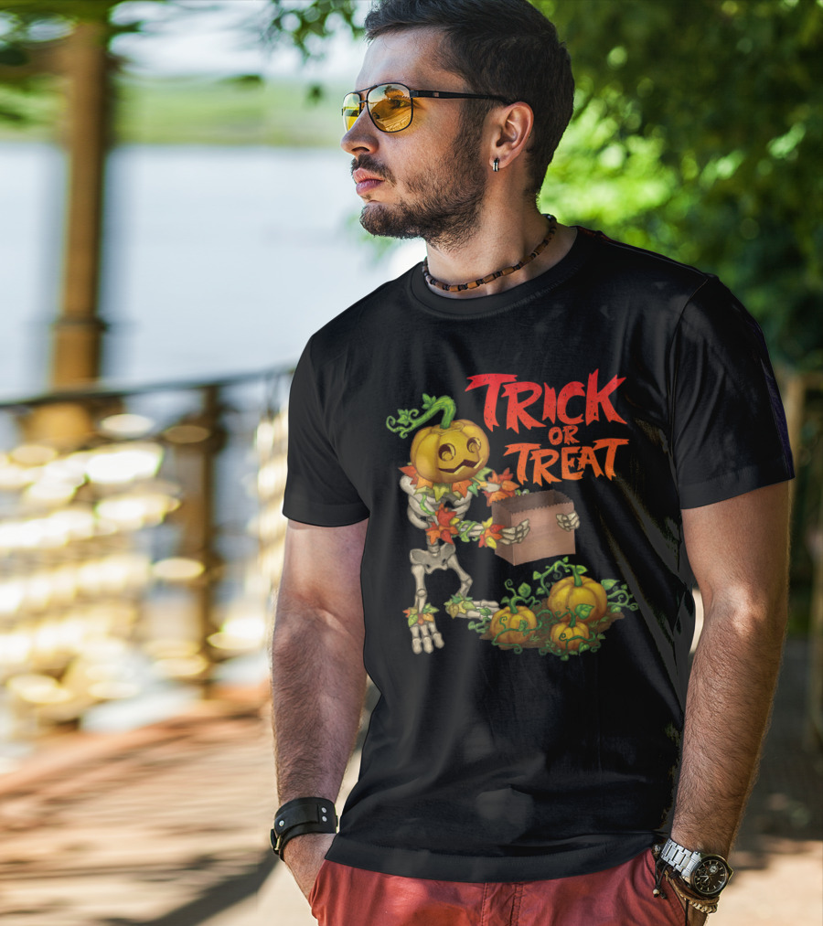 Trick Or Treat Punkleton Skeleton With Pumpkins And Candy Box T-Shirt