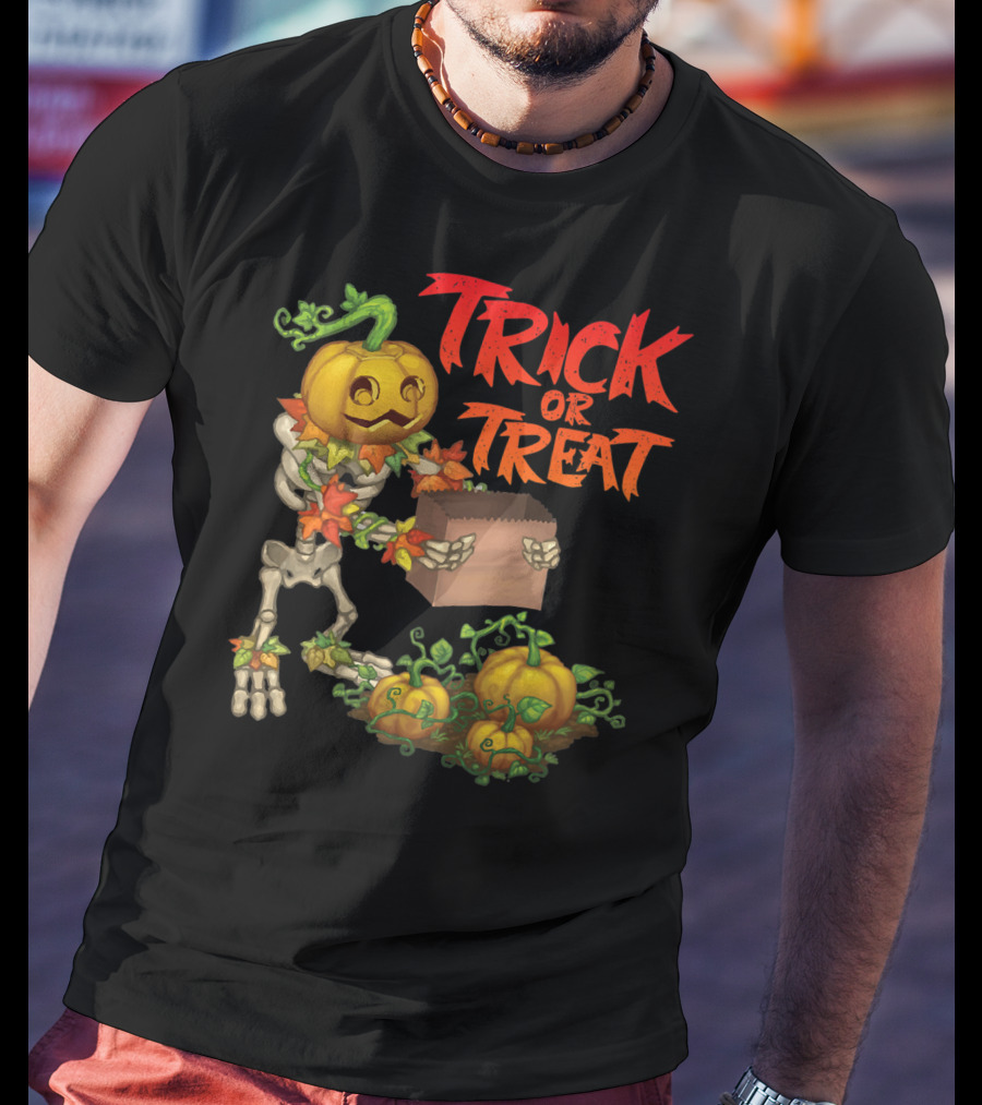Trick Or Treat Punkleton Skeleton With Pumpkins And Candy Box T-Shirt