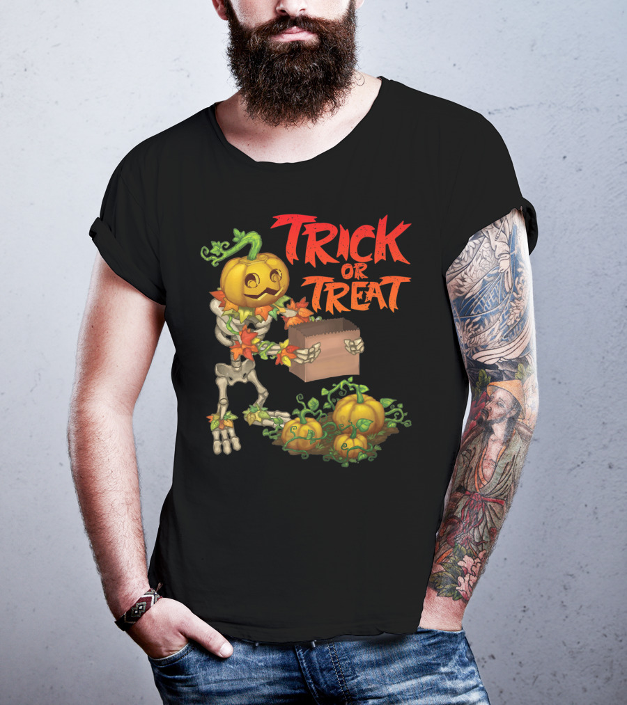 Trick Or Treat Punkleton Skeleton With Pumpkins And Candy Box T-Shirt