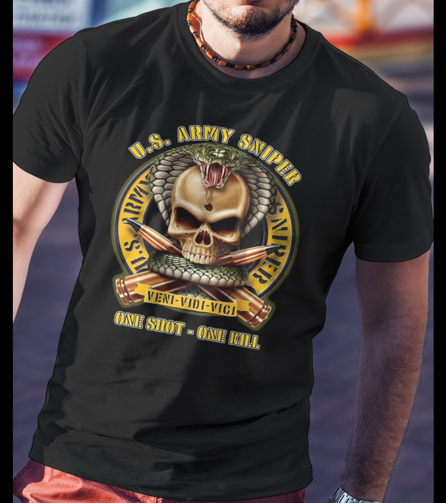 U.S. Army Sniper Veni Vidi Vici One Shot One Kill Skull Snake Badge T-Shirt