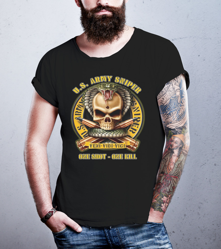 U.S. Army Sniper Veni Vidi Vici One Shot One Kill Skull Snake Badge T-Shirt