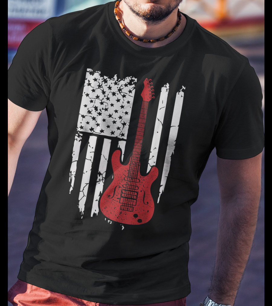 Usa American Flag Guitar Musician Guitars Red Electric Vintage Grunge T-Shirt