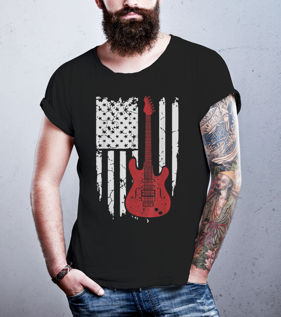 Usa American Flag Guitar Musician Guitars Red Electric Vintage Grunge T-Shirt
