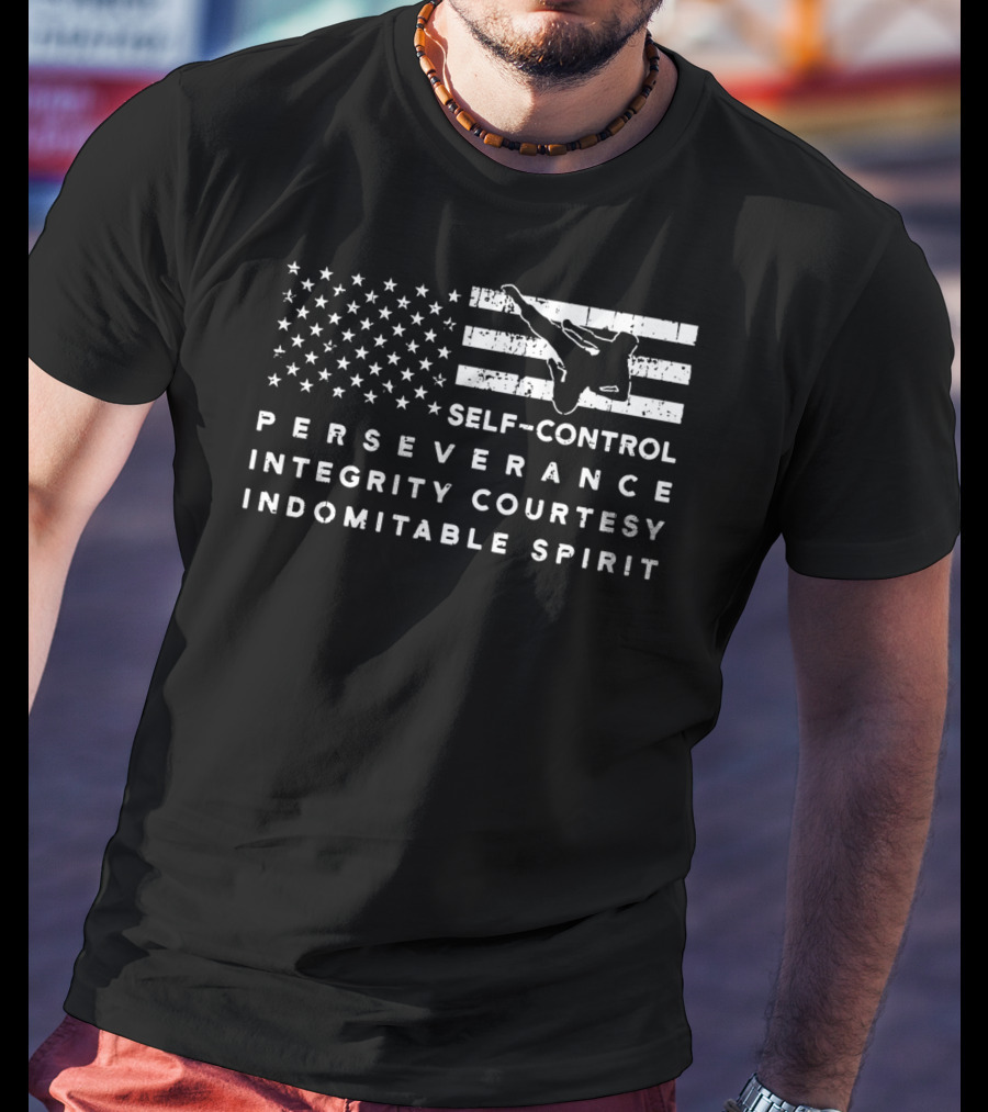 Vintage American Flag Taekwondo Self-Control Perseverance Integrity Courtesy Indomitable Spirit T-Shirt