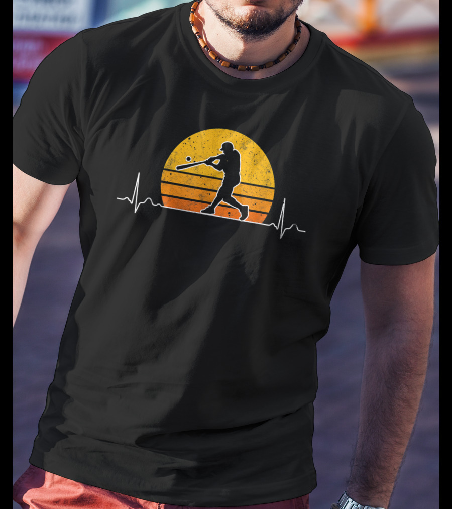 Vintage Baseball Player Heartbeat Sunset Scene T-Shirt