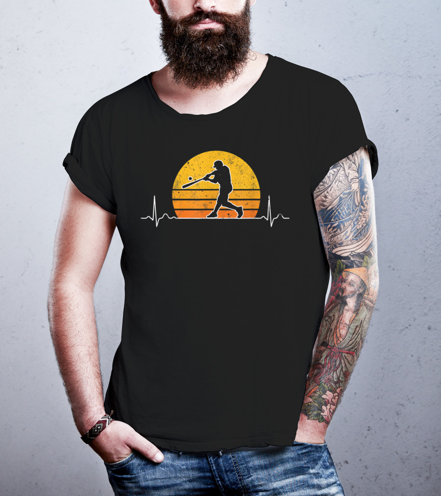 Vintage Baseball Player Heartbeat Sunset Scene T-Shirt