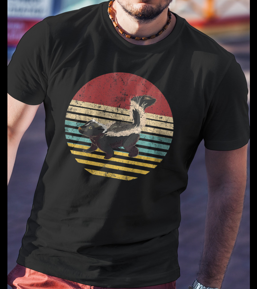Retro Striped Sunset With Vintage Skunk Lovers T-Shirt