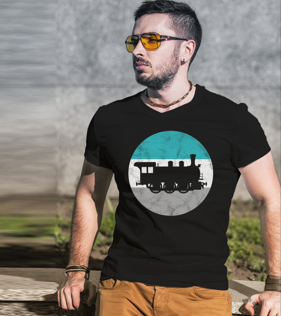 Vintage Steam Train Silhouette In Retro Circle T-Shirt