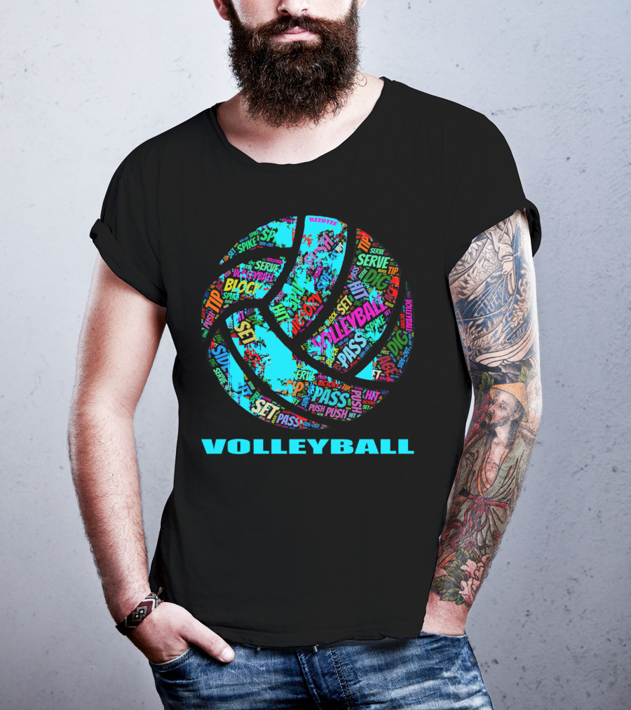 Volleyball Block Serve Dig Set Pass Spike Victory Words Colorful Ball T-Shirt