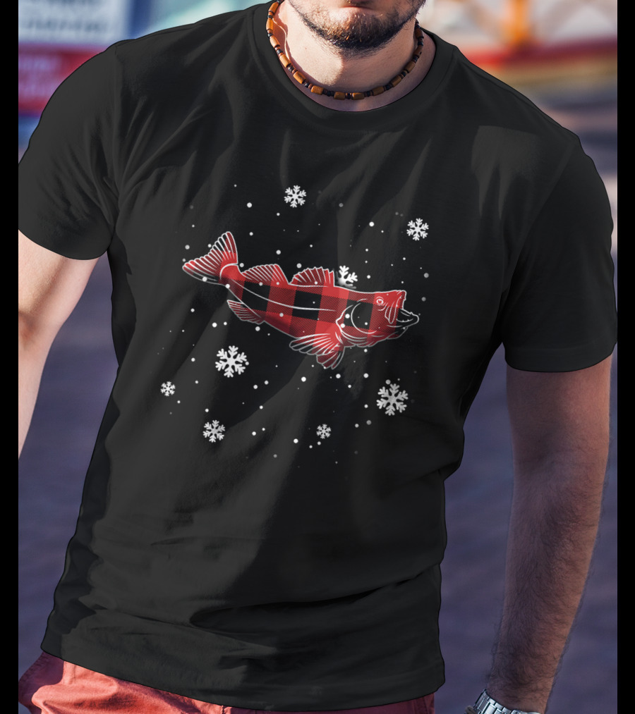 Walleye Red Plaid Snowflakes T-Shirt