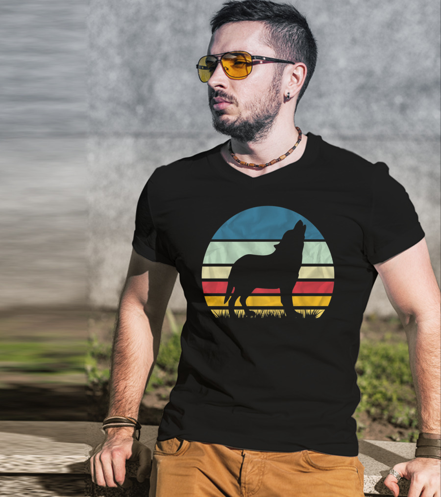 Retro Wolf Silhouette Vintage Sunset Stripes T-Shirt