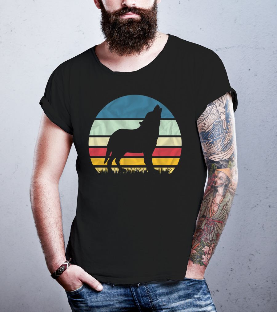 Retro Wolf Silhouette Vintage Sunset Stripes T-Shirt