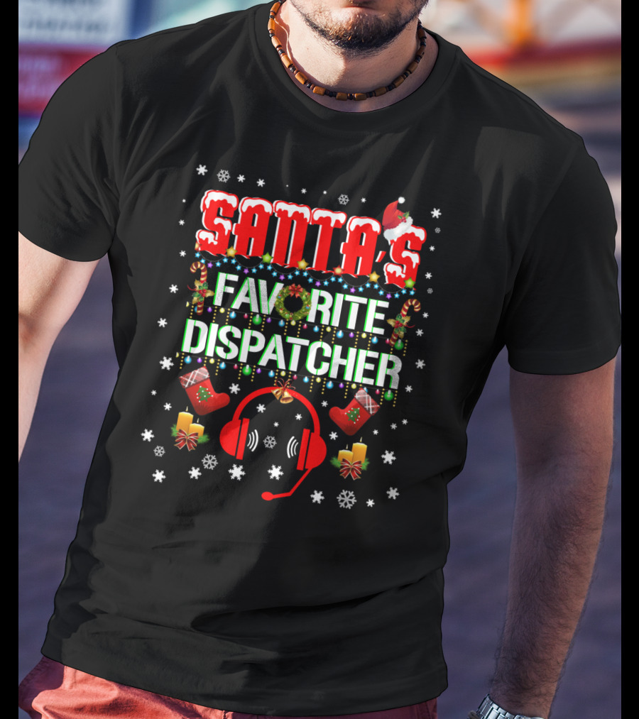 Santa's Favorite Dispatcher Headset Christmas Snowflakes Candles Stockings T-Shirt