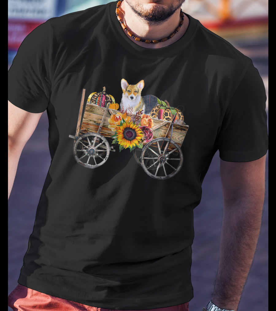 Corgi Clothing Autumn Harvest Corgi Dog In Country Wagon T-Shirt