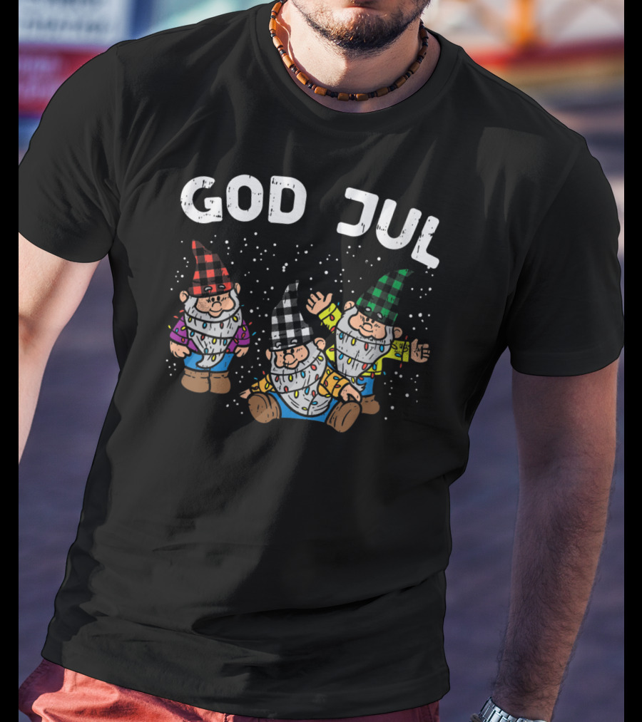 God Jul Buffalo Plaid Nordic Gnomes T-Shirt