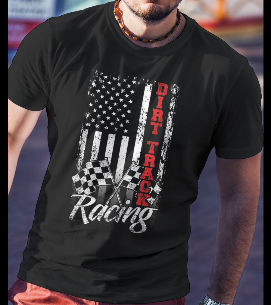 Dirt Track Racing American Flag With Checkered Flags T-Shirt