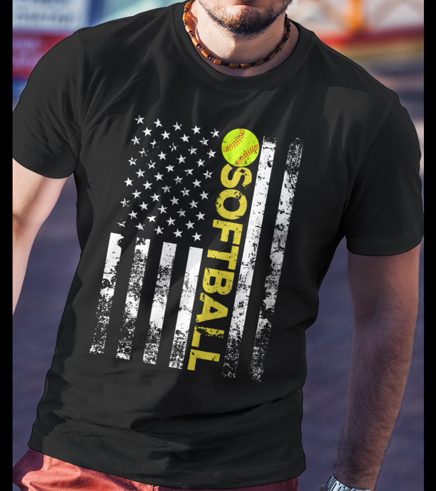 American Flag Softball Vertical Text With Yellow Softball T-Shirt