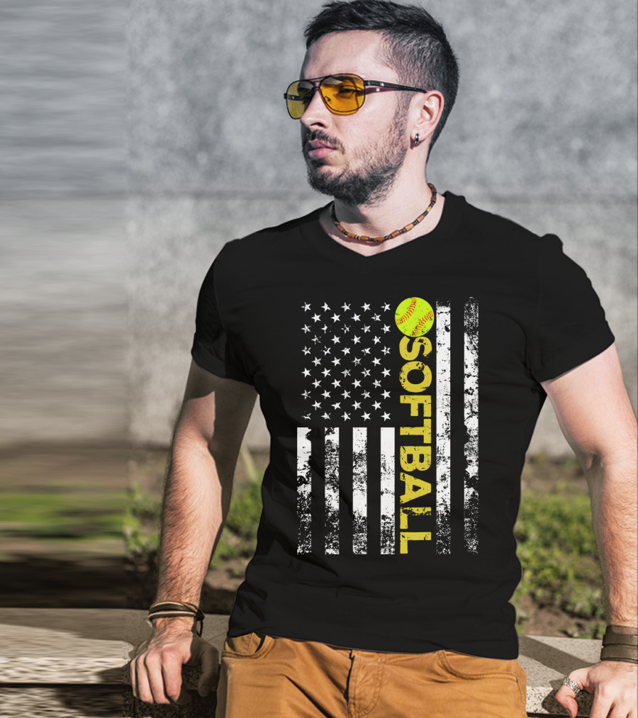 American Flag Softball Vertical Text With Yellow Softball T-Shirt