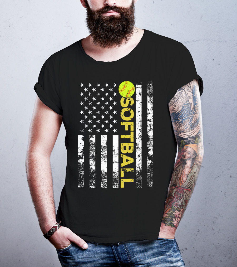 American Flag Softball Vertical Text With Yellow Softball T-Shirt