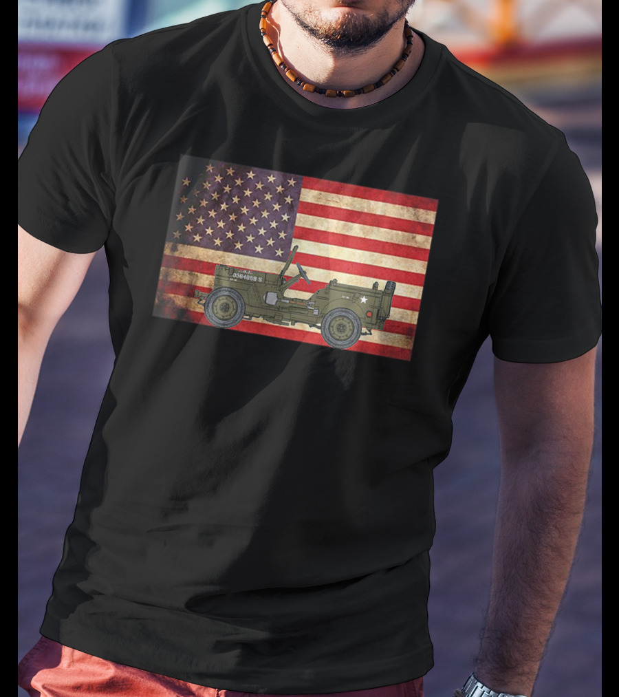 American USA Flag Willys Jeep WW2 Military Army Vehicle Stars And Stripes Vintage Retro Iconic T-Shirt