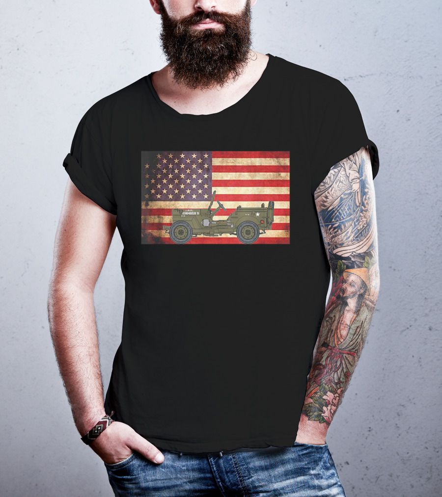 American USA Flag Willys Jeep WW2 Military Army Vehicle Stars And Stripes Vintage Retro Iconic T-Shirt