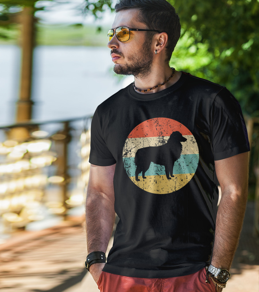 Australian Shepherd Silhouette Retro Circle Stripe T-Shirt