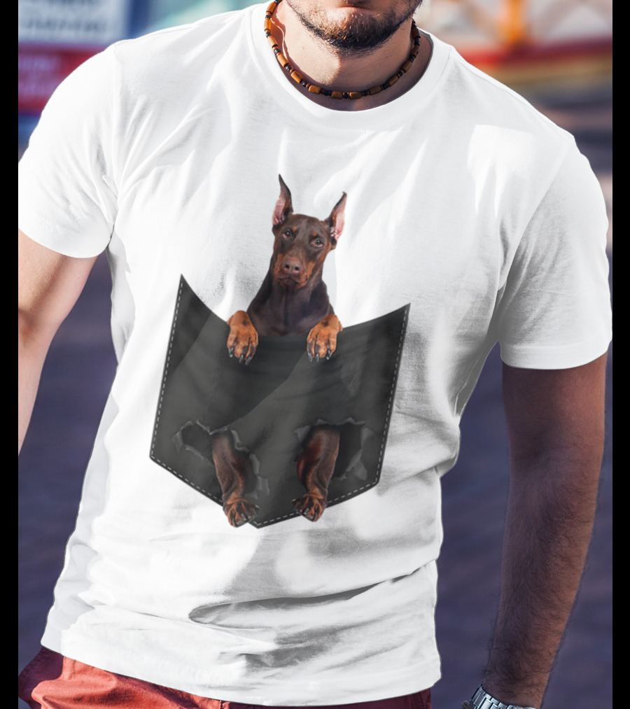 Doberman Pinscher Peeking From Ripped Pocket T-Shirt