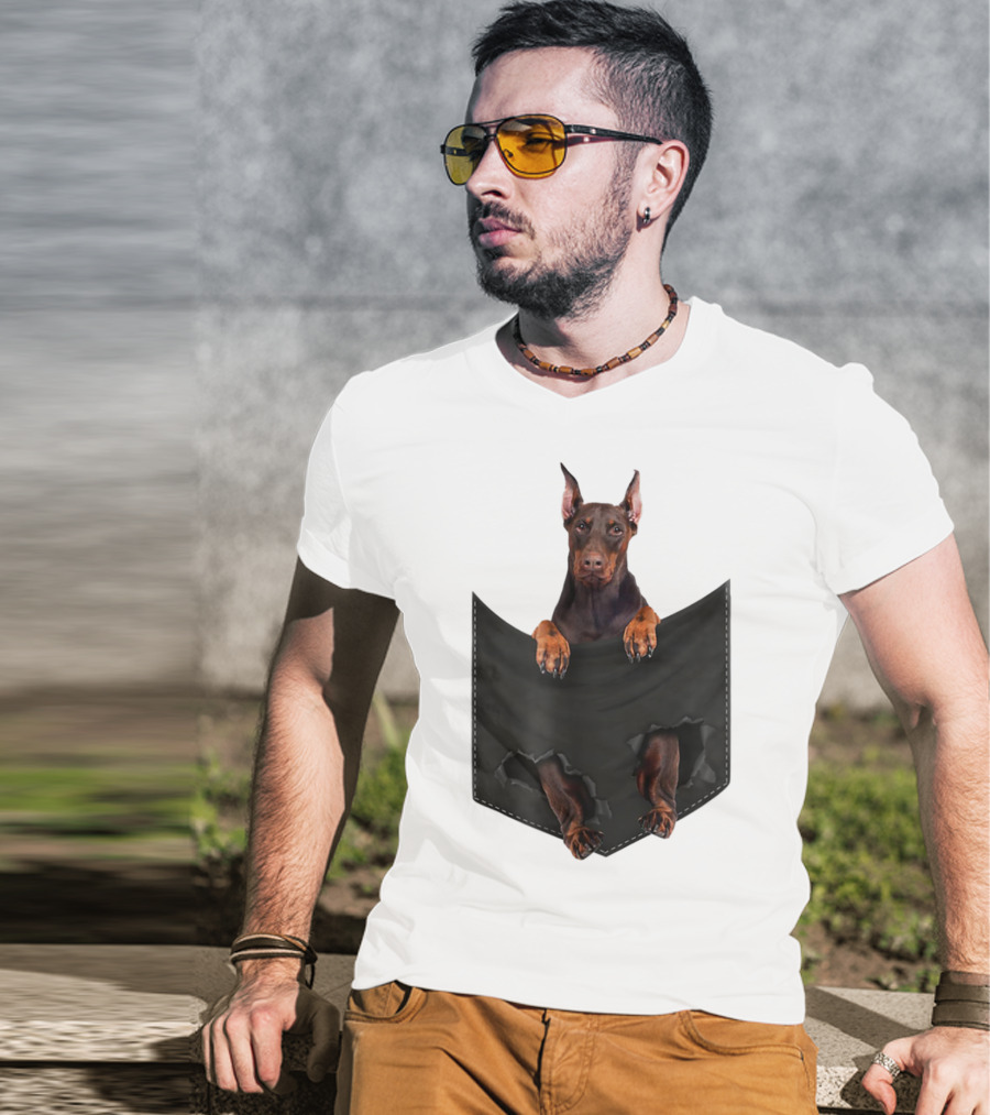 Doberman Pinscher Peeking From Ripped Pocket T-Shirt
