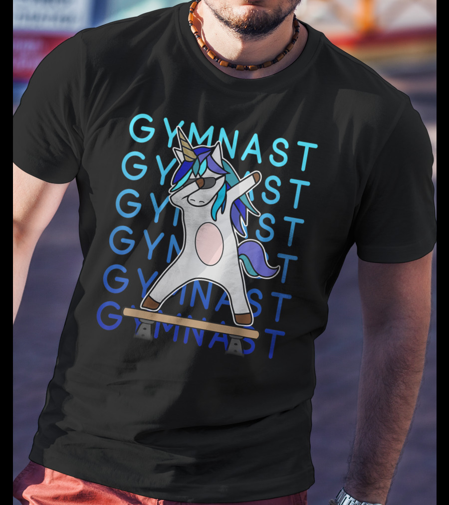 Gymnast Dabbing Unicorn With Blue Mane On Balance Beam For Girls Gymnastics T-Shirt